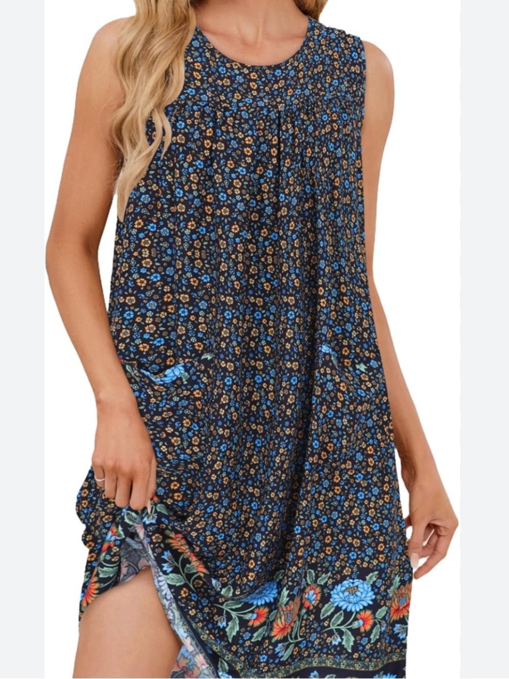 Chic Nation Navy Floral Sleeveless Shift Dress with Multi-Color Border